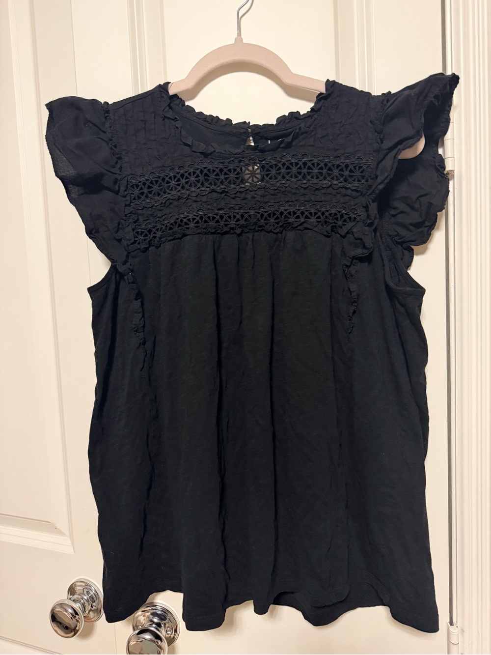 LOFT Black Crochet Lace Trim Flutter Sleeve Top Large